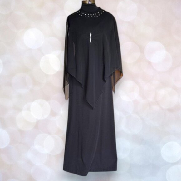 Vintage 1980s Black Evening Gown with Rhinestones and Sheer Cape Size 12 - Picture 1 of 15